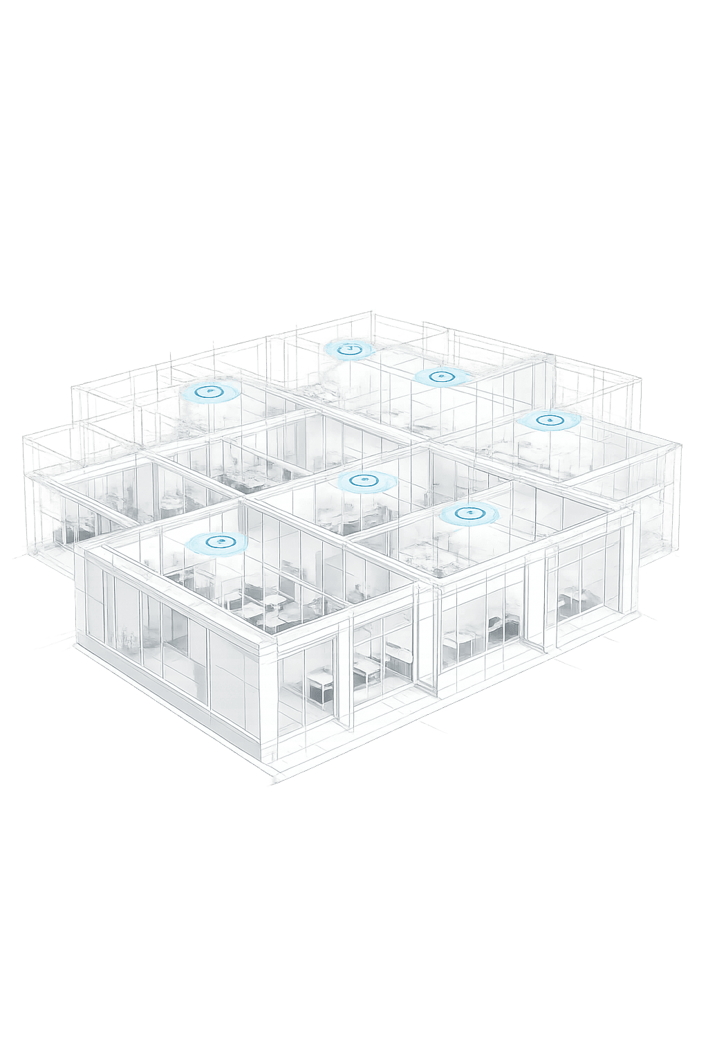 Floating facility floor plan showing UV Angel coverage points across multiple rooms.