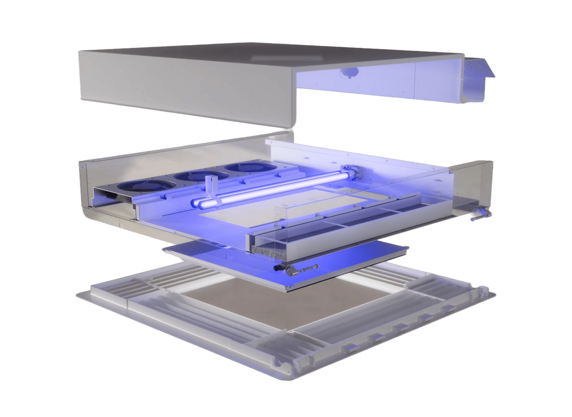 Exploded product view of the UV Angel ceiling-mounted air treatment unit.